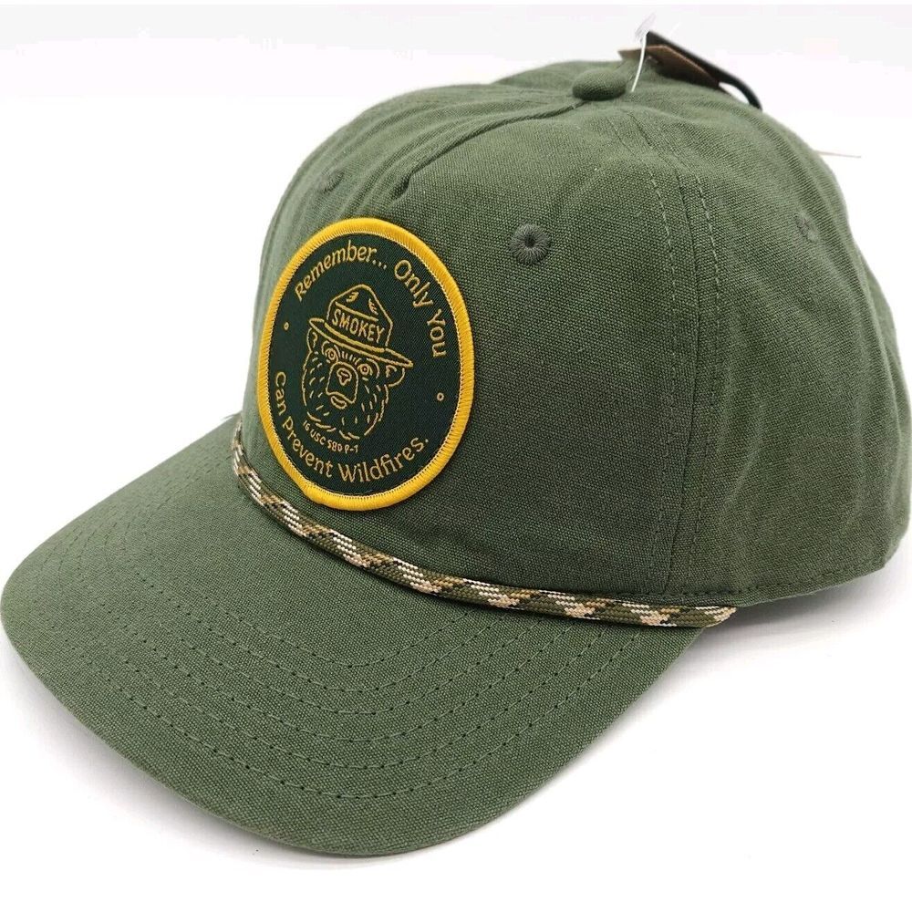 Smokey The Bear Prevent Wildfires Rope Snapback Trucker Hat‎ Patch Cap Green NEW